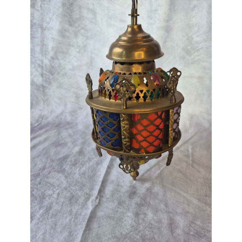 Vintage Moroccan Hanging Lamp Boho Swag Light Pierced Metal Color Glass